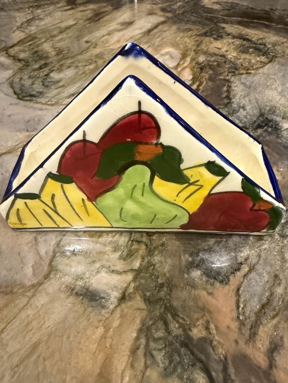 Hand Painted Ceramic Fruit Napkin Holder Kitchen Counter Decor No markings.